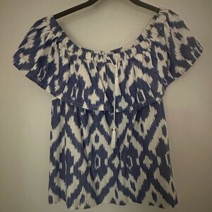 Madewell Ruffled Flutter Sleeve Blouse in Blue and White